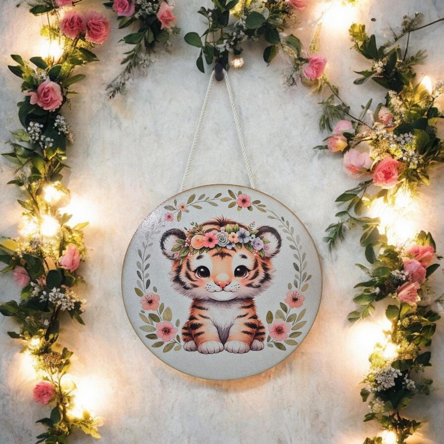 Wooden Tiger Wall Art - Nursery Decor | Cute Animal Hanging Wall Art with Rope - Baby Girl/Boy Bedroom or Playroom Decor - Animal Prints