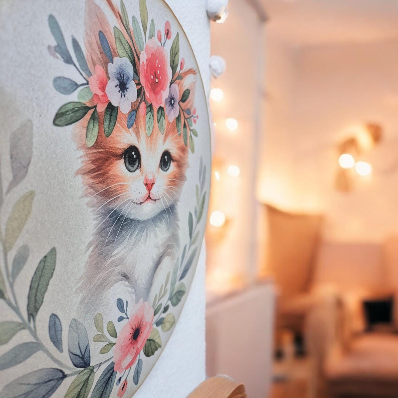 Wooden Kitten Wall Art - Nursery Decor | Cute Animal Hanging Wall Art with Rope - Baby Girl/Boy Bedroom or Playroom Decor - Animal Prints