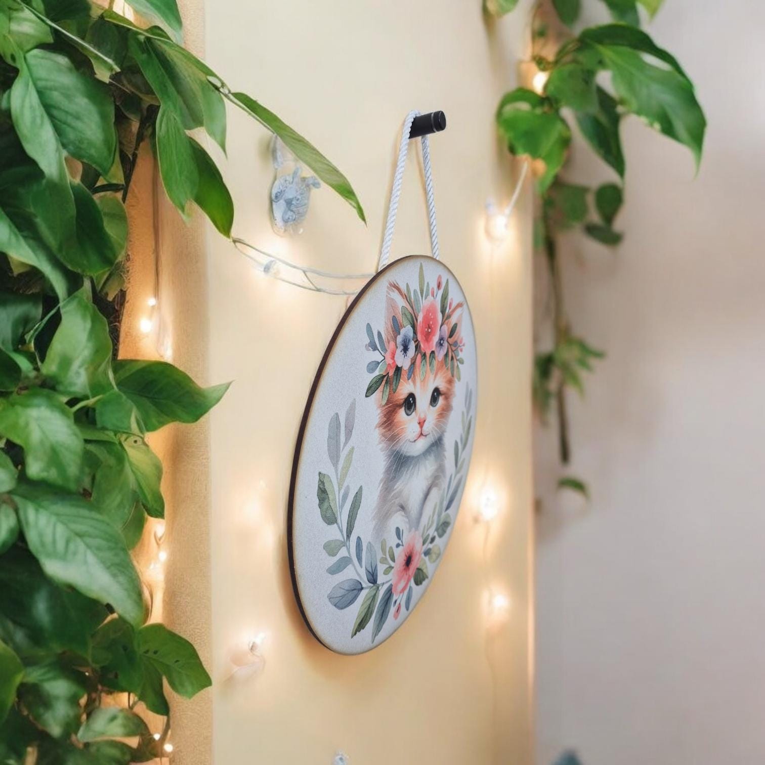 Wooden Kitten Wall Art - Nursery Decor | Cute Animal Hanging Wall Art with Rope - Baby Girl/Boy Bedroom or Playroom Decor - Animal Prints