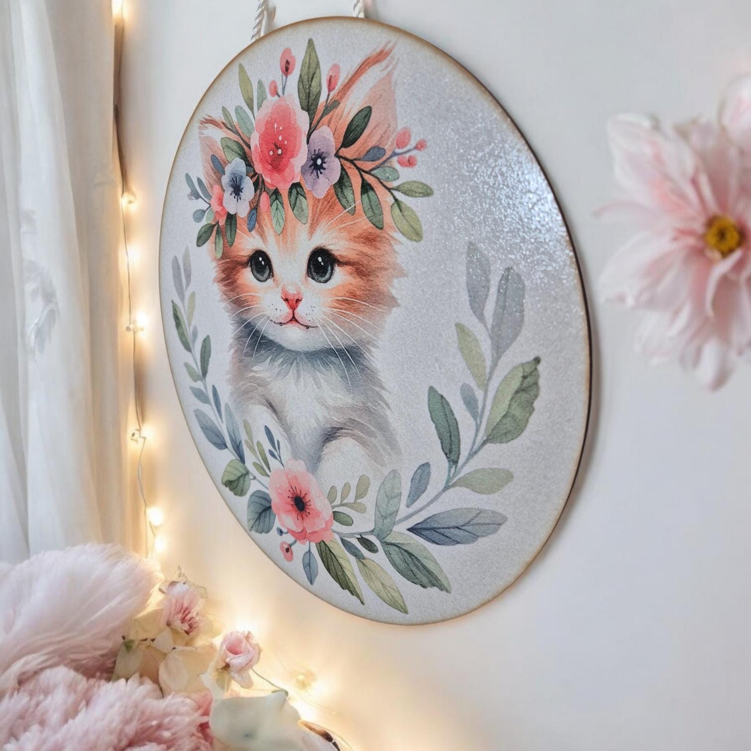 Wooden Kitten Wall Art - Nursery Decor | Cute Animal Hanging Wall Art with Rope - Baby Girl/Boy Bedroom or Playroom Decor - Animal Prints