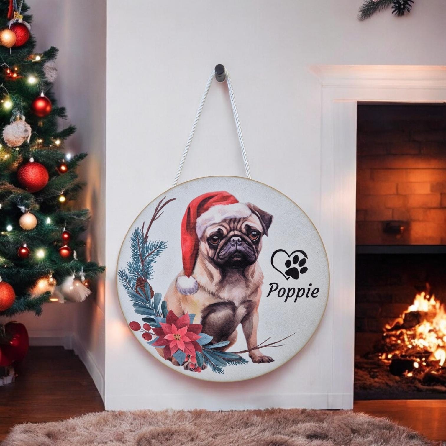 Personalised Christmas Dog Wall Art - 29.5cm Custom Pet Name Sign | Santa Hat Dog Breed Decor | Christmas Gifts for Dog Lovers, Home Decor