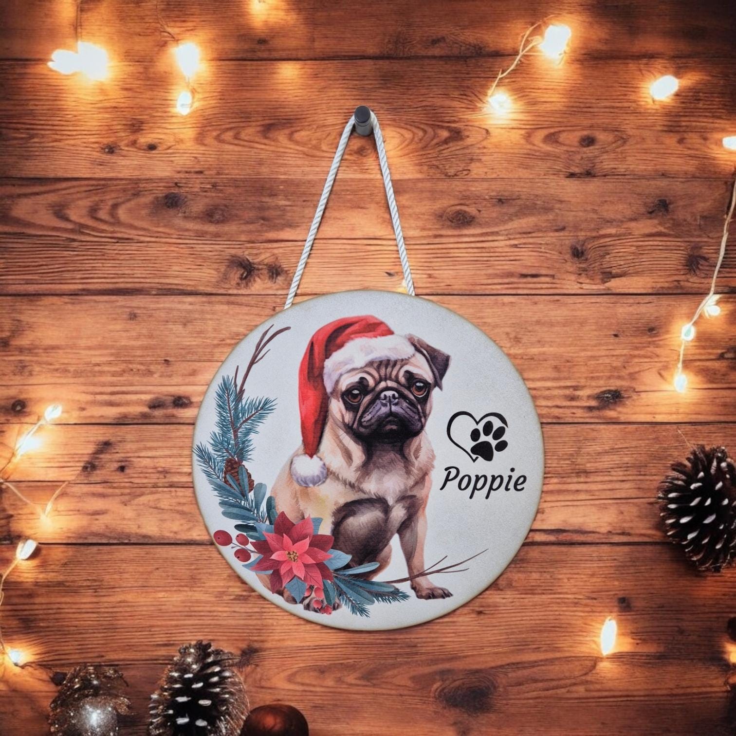 Personalised Christmas Dog Wall Art - 29.5cm Custom Pet Name Sign | Santa Hat Dog Breed Decor | Christmas Gifts for Dog Lovers, Home Decor