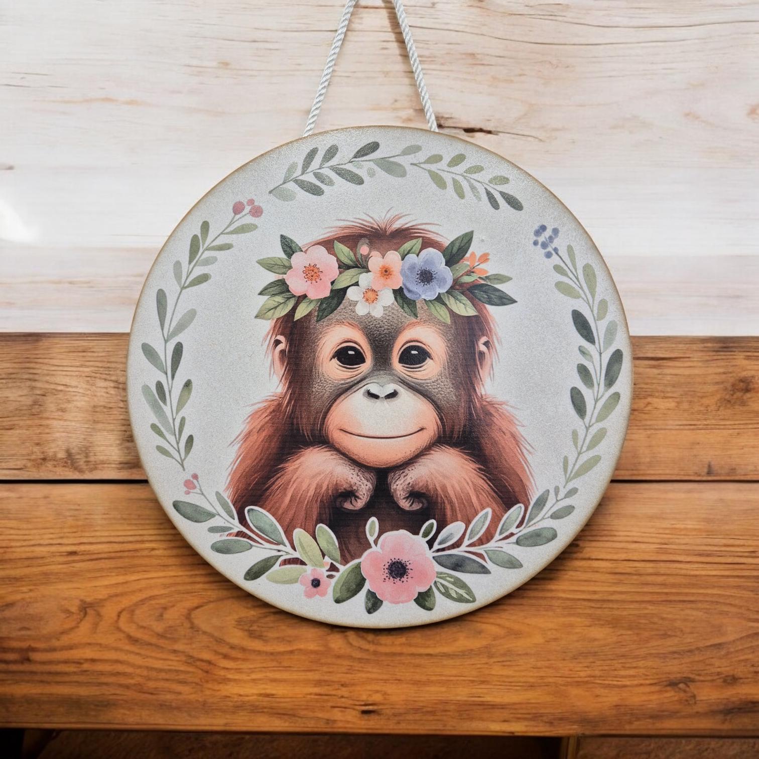Wooden Monkey Wall Art - Nursery Decor | Cute Animal Wall Hanging with Rope - Baby Girl/ Baby Boy Bedroom or Playroom Decor - Animal Prints
