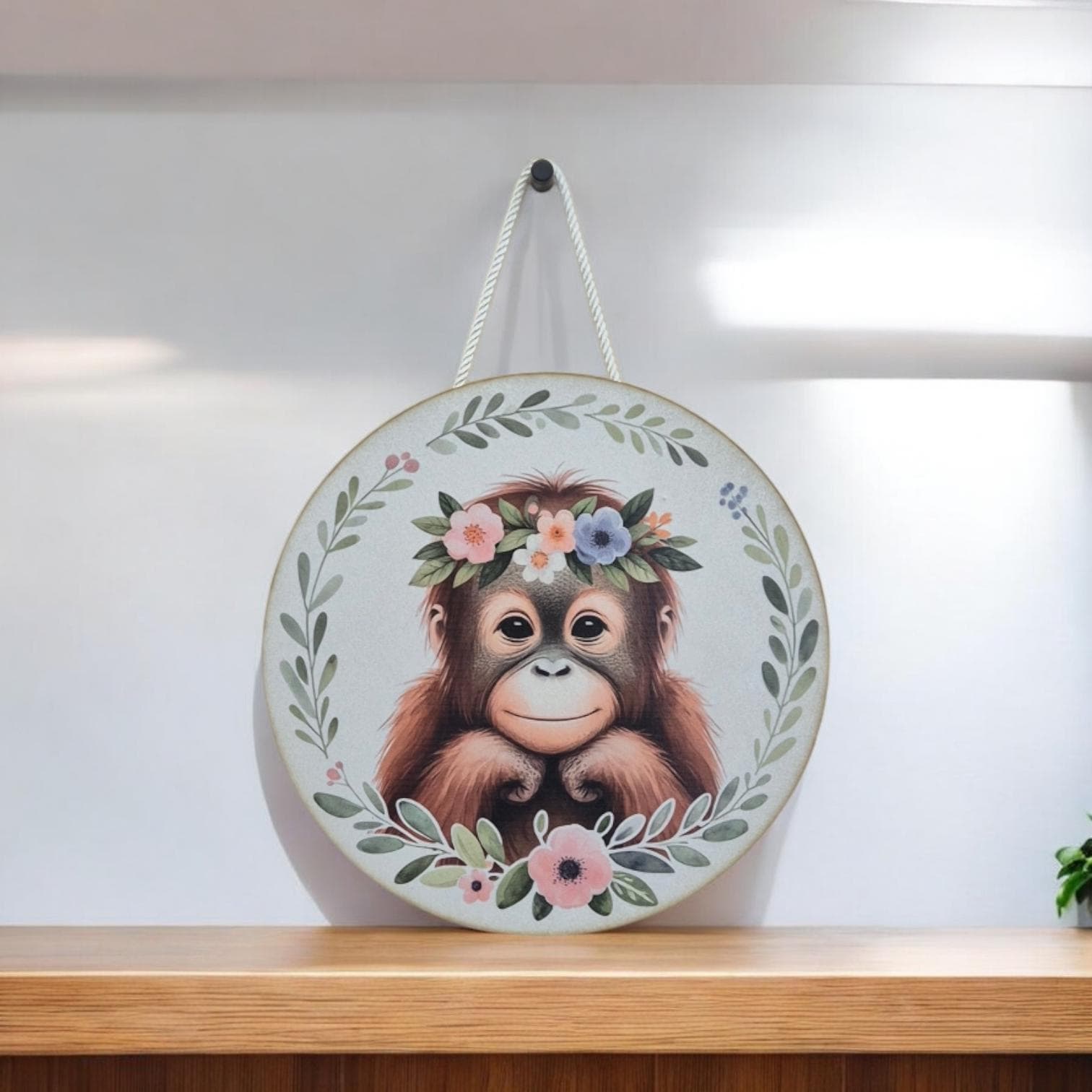 Wooden Monkey Wall Art - Nursery Decor | Cute Animal Wall Hanging with Rope - Baby Girl/ Baby Boy Bedroom or Playroom Decor - Animal Prints