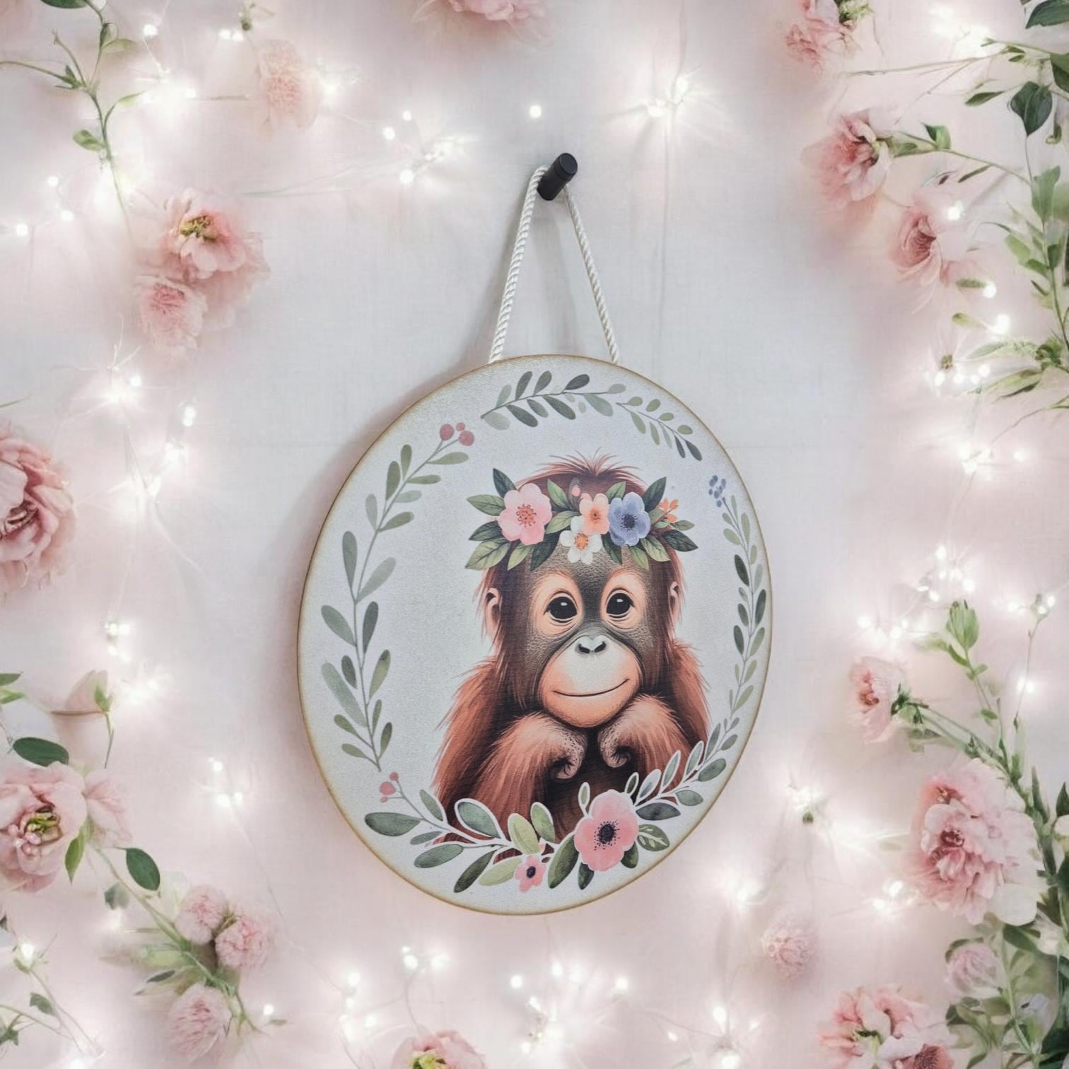 Wooden Monkey Wall Art - Nursery Decor | Cute Animal Wall Hanging with Rope - Baby Girl/ Baby Boy Bedroom or Playroom Decor - Animal Prints