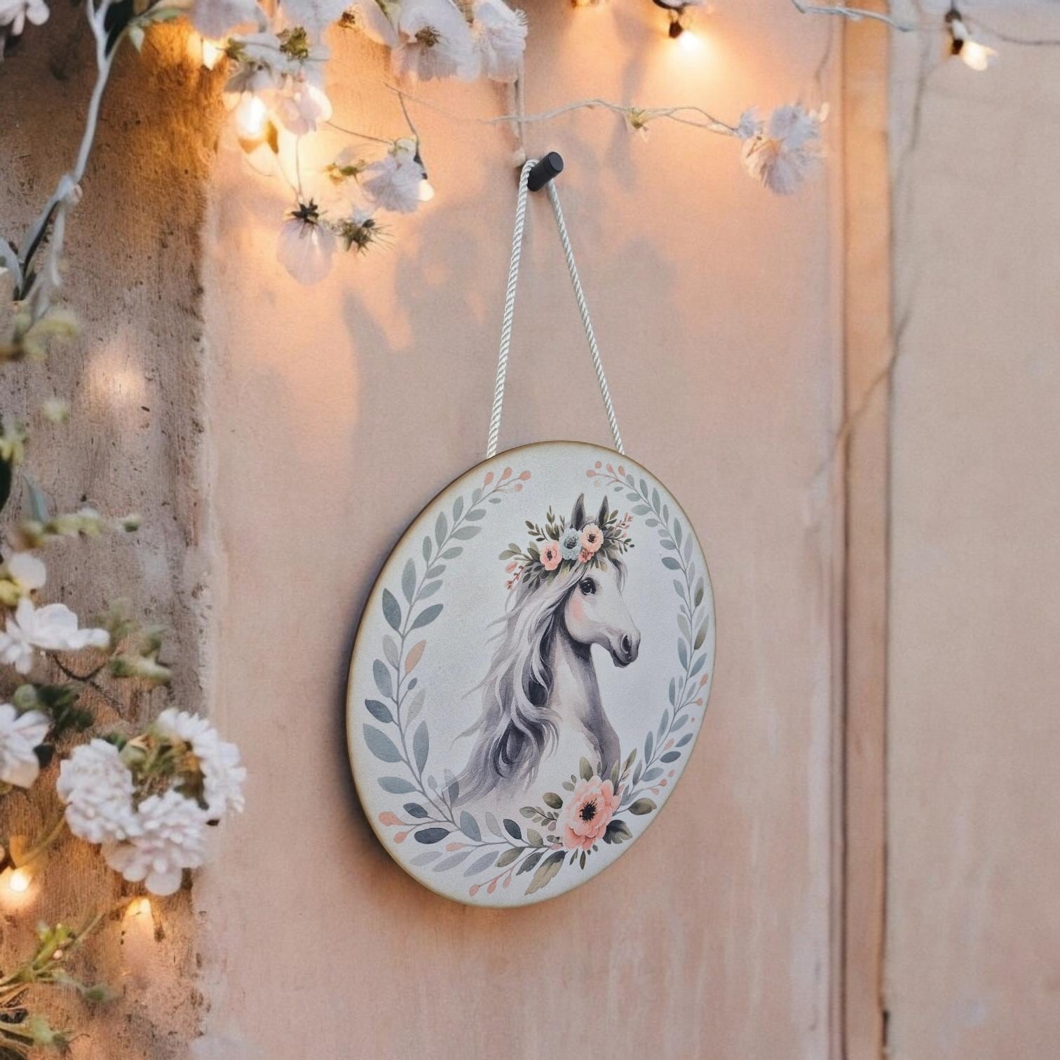 Wooden Horse Wall Art - Nursery Decor | Cute Animal Hanging Wall Art with Rope - Baby Girl/Boy Bedroom or Playroom Decor - Animal Prints