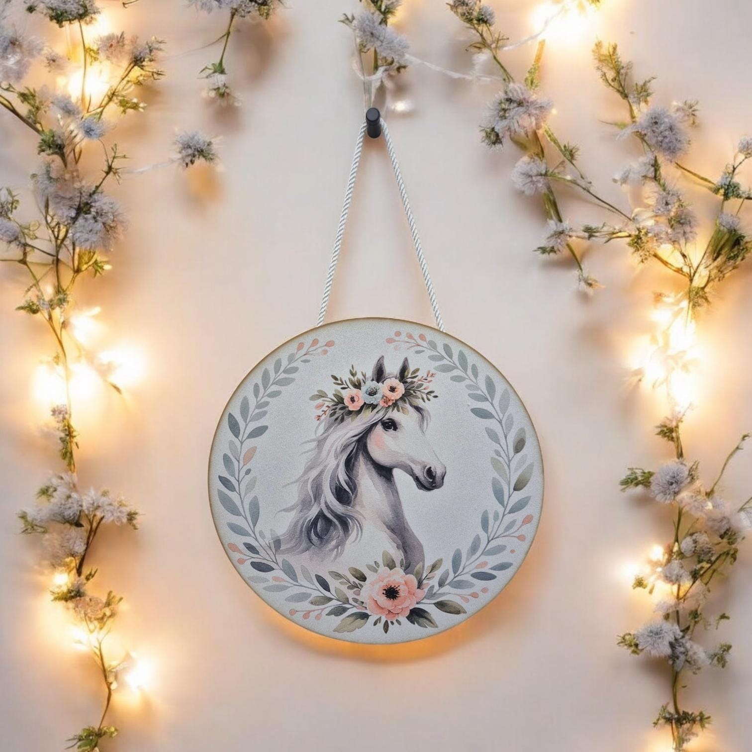 Wooden Horse Wall Art - Nursery Decor | Cute Animal Hanging Wall Art with Rope - Baby Girl/Boy Bedroom or Playroom Decor - Animal Prints