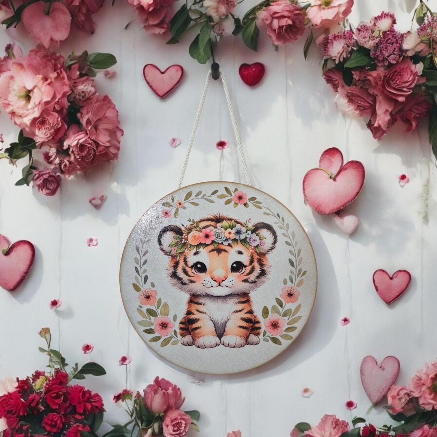 Wooden Tiger Wall Art - Nursery Decor | Cute Animal Hanging Wall Art with Rope - Baby Girl/Boy Bedroom or Playroom Decor - Animal Prints