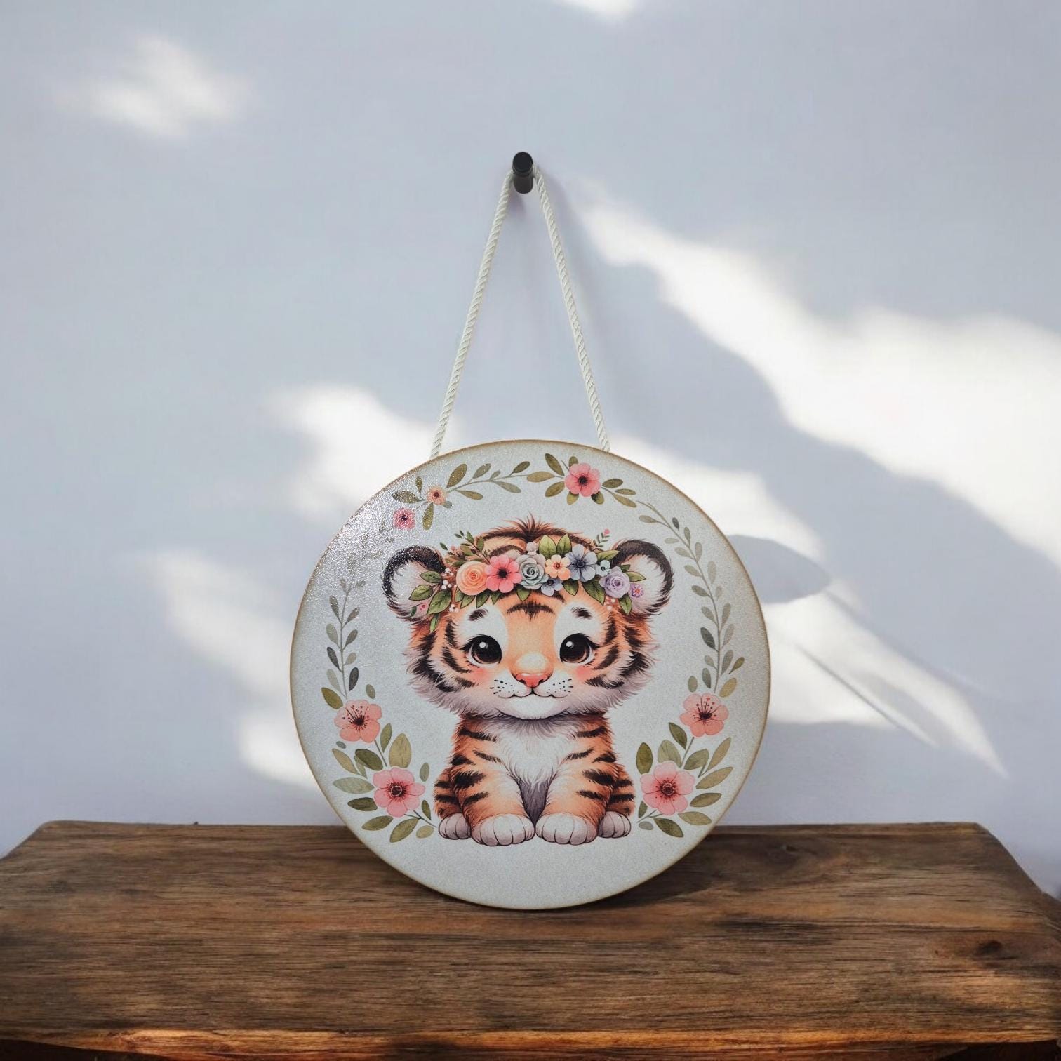 Wooden Tiger Wall Art - Nursery Decor | Cute Animal Hanging Wall Art with Rope - Baby Girl/Boy Bedroom or Playroom Decor - Animal Prints