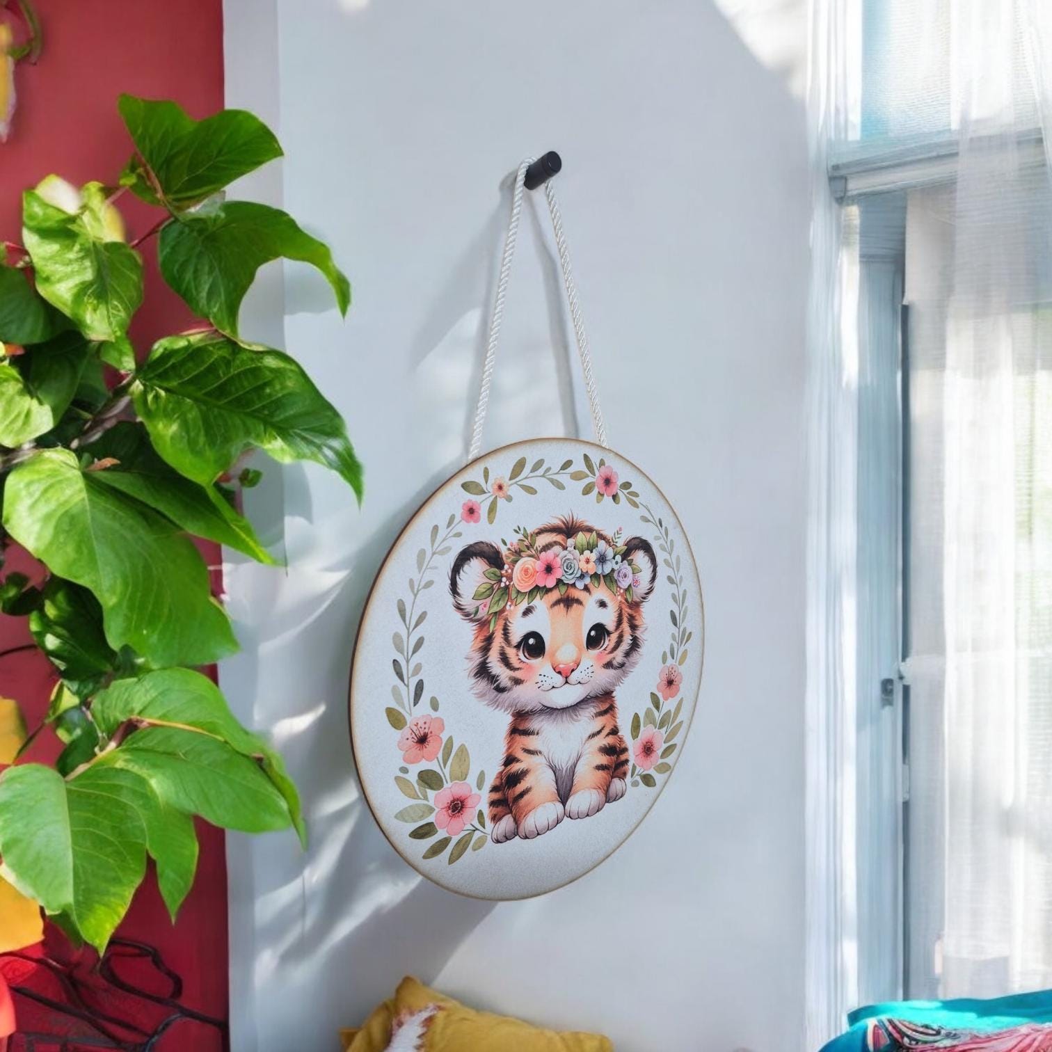 Wooden Tiger Wall Art - Nursery Decor | Cute Animal Hanging Wall Art with Rope - Baby Girl/Boy Bedroom or Playroom Decor - Animal Prints