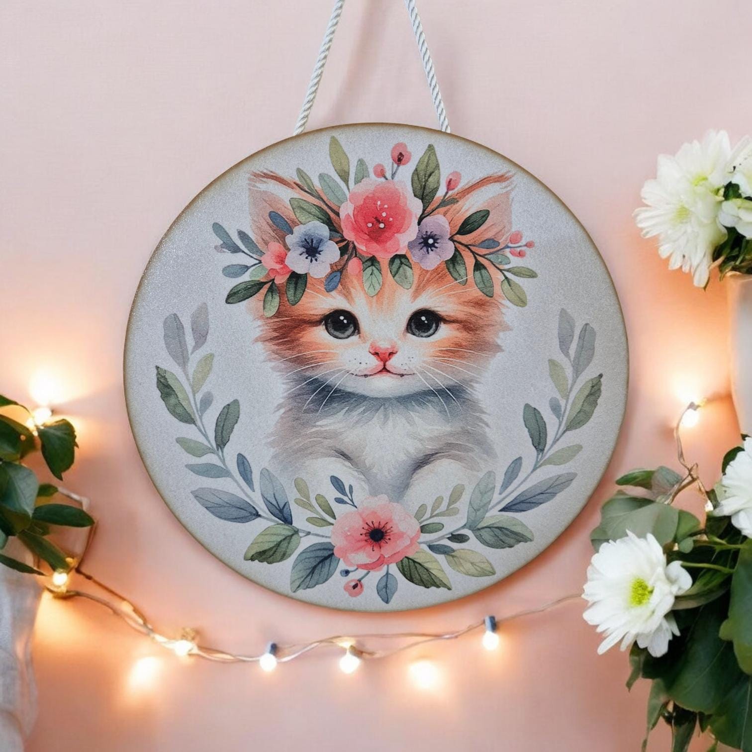 Wooden Kitten Wall Art - Nursery Decor | Cute Animal Hanging Wall Art with Rope - Baby Girl/Boy Bedroom or Playroom Decor - Animal Prints