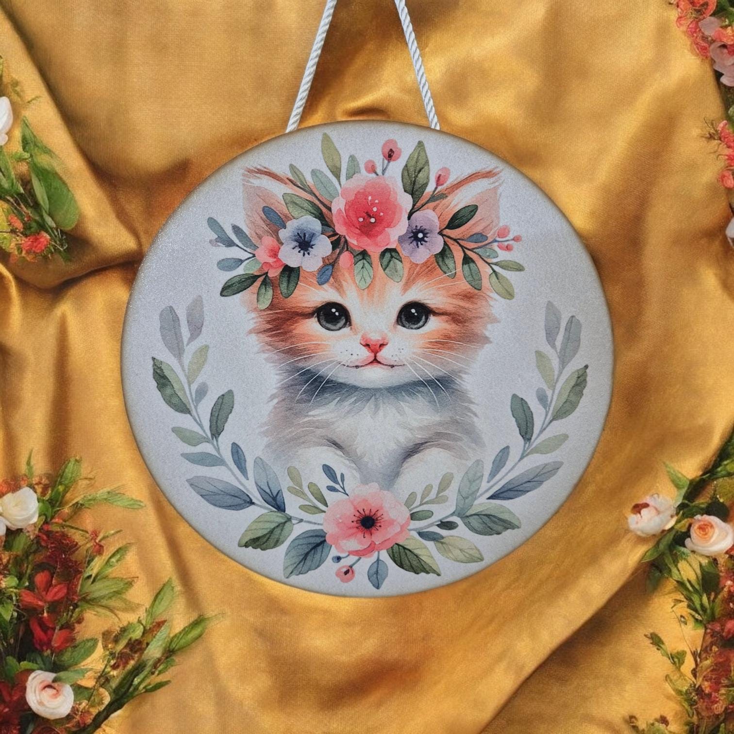 Wooden Kitten Wall Art - Nursery Decor | Cute Animal Hanging Wall Art with Rope - Baby Girl/Boy Bedroom or Playroom Decor - Animal Prints