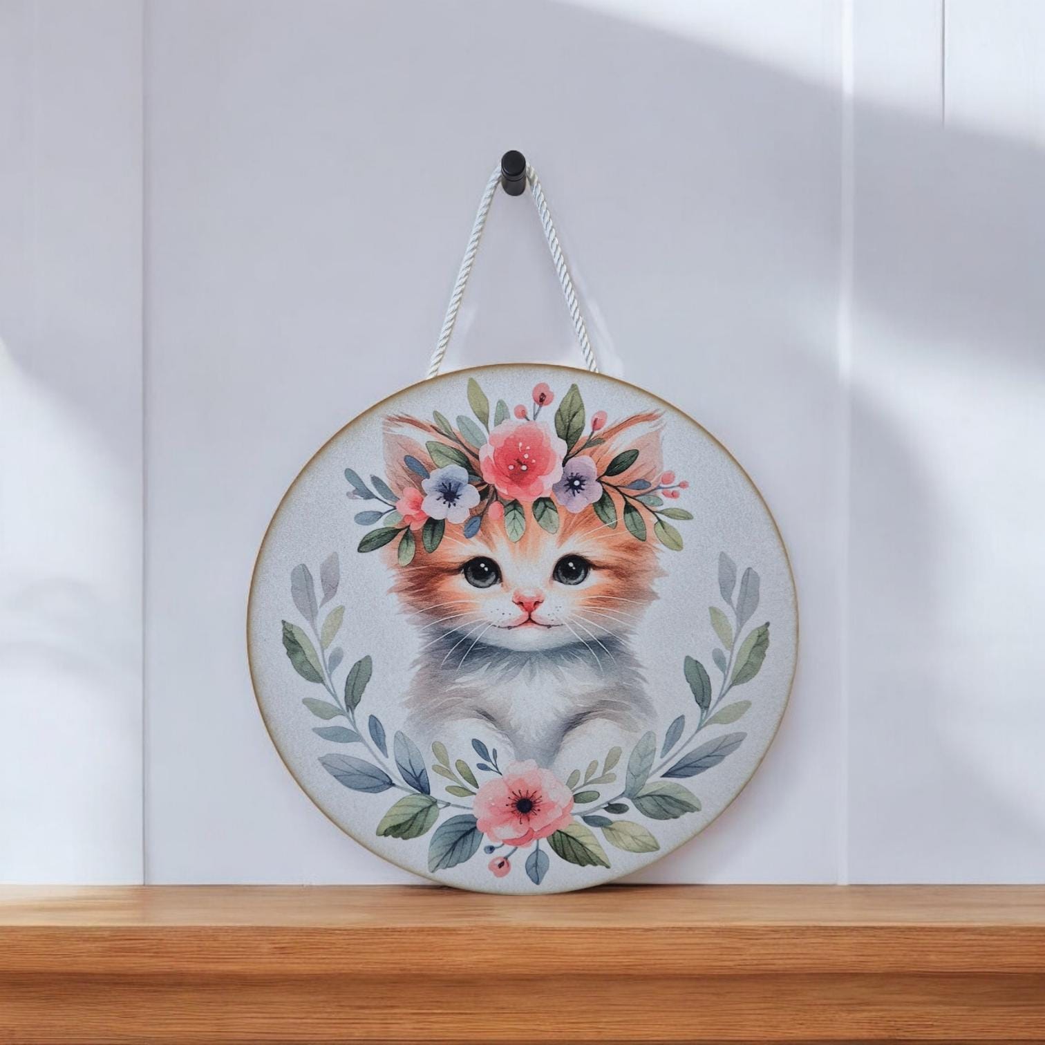 Wooden Kitten Wall Art - Nursery Decor | Cute Animal Hanging Wall Art with Rope - Baby Girl/Boy Bedroom or Playroom Decor - Animal Prints