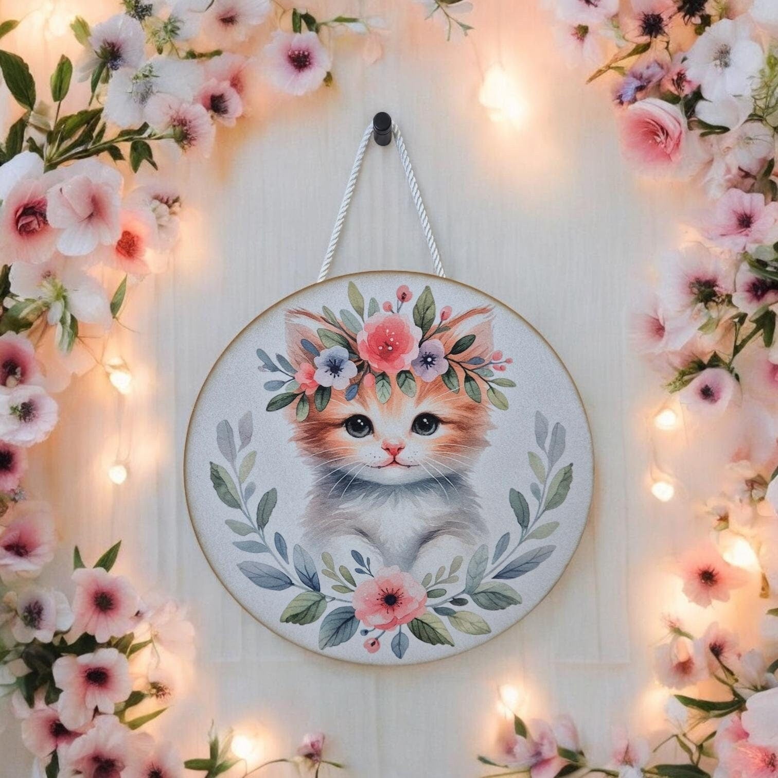 Wooden Kitten Wall Art - Nursery Decor | Cute Animal Hanging Wall Art with Rope - Baby Girl/Boy Bedroom or Playroom Decor - Animal Prints