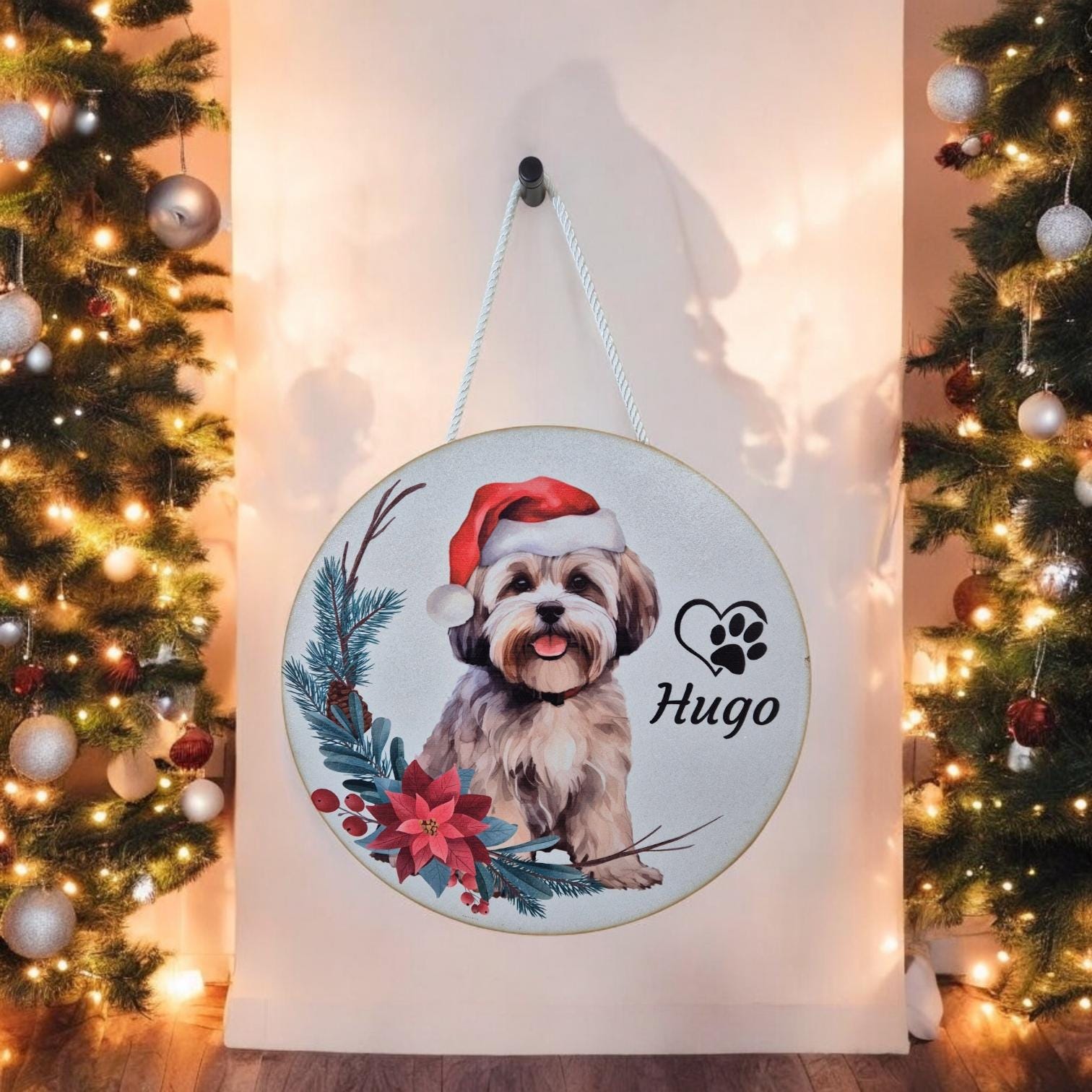 Personalised Christmas Dog Wall Art - 29.5cm Custom Pet Name Sign | Santa Hat Dog Breed Decor | Christmas Gifts for Dog Lovers, Home Decor