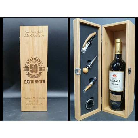 50th Birthday Gift For Women / Men . Personalised Bamboo Wine Box With Tools. Gifts For Mom / Dad .   Personalized gift - PersonalisedByPicArt