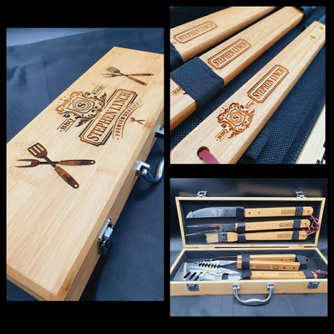 Personalised Bamboo  BBQ Grill Tool Set  Groomsman - Best Man - Fathers Day - Brother In Law - Granddad - BBQ King - Grill Master - Gift Set - PersonalisedByPicArt