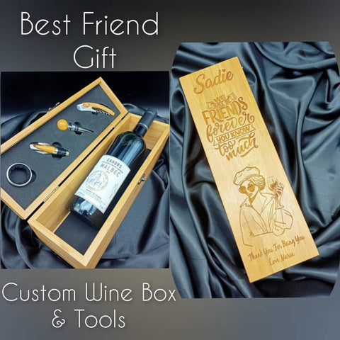 Best Friend Gifts - Personalised Gift - Bamboo Wine Box With 4 Tools - Best Friend Christmas Gift - The perfect Gifts For Best Friend Female