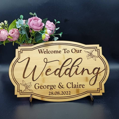 Wedding Welcome Sign - Custom Wedding Sign Engraved In Beautiful Bamboo Wood Including Wedding Sign Stand - Unique Wedding Welcome Sign