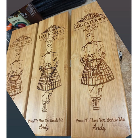 Personalised Wine Box for Best Man, Groomsmen & Ushers With Scottish Kilt Inspired Design - The Perfect Wedding Thank You Gift