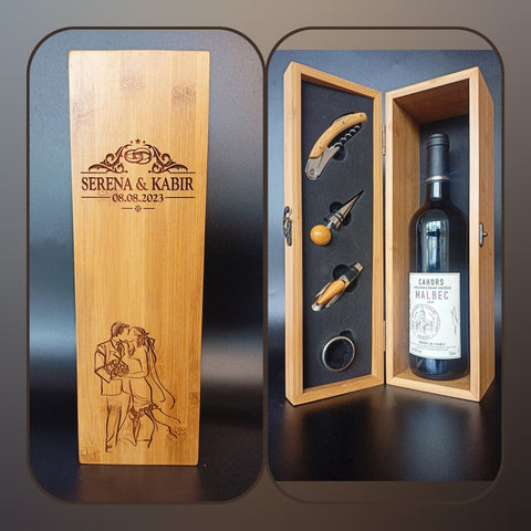 Bamboo Wine Box with Tools - Personalized Wedding Anniversary Gift