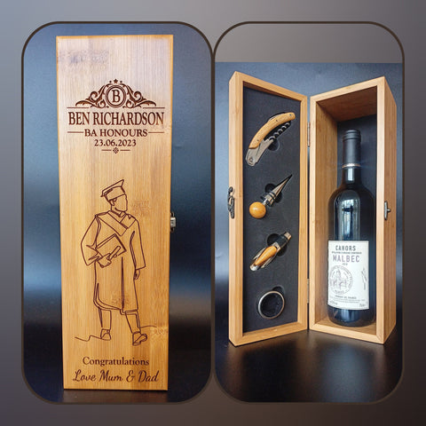 Graduation Gifts - Personalised Bamboo Wine Box - The Perfect Graduation Gift For Him - Congratulations gift - Class Of 2023