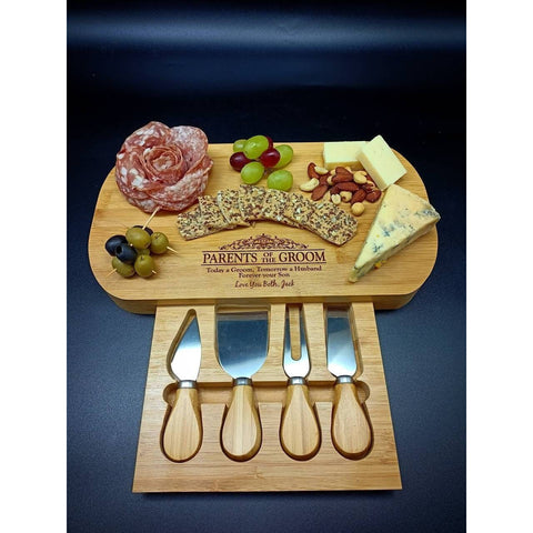 Parents Of The Groom Gifts - Custom Personalized Bamboo Cheese Board With Accessories -  Wedding Parents Thank You Gift - Mum And Dad Gift