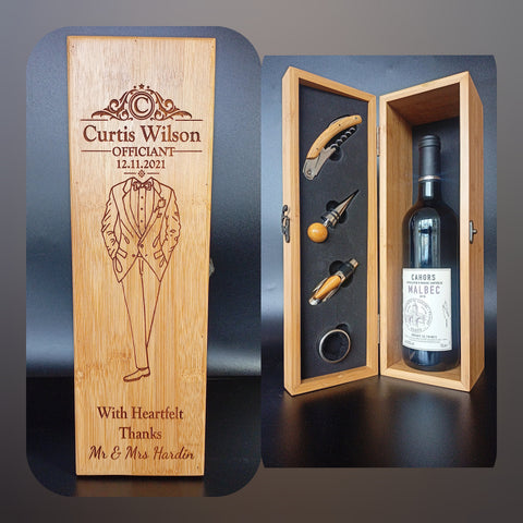 Gifts For Officiant - Personalised Bamboo Wine Box With Tools - The Perfect Personalised Thank You Gift For Officiant At Wedding