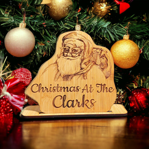 Christmas At The (Family Name) Bamboo Stand Up Plaque - Christmas Decorations - Christmas Ornaments For A Personalised Family Christmas Gift