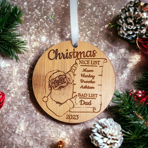 Personalised Christmas Bauble Made From Bamboo - Personalised Christmas Decoration With Santa's Nice List & Bad List - Family Christmas Gift