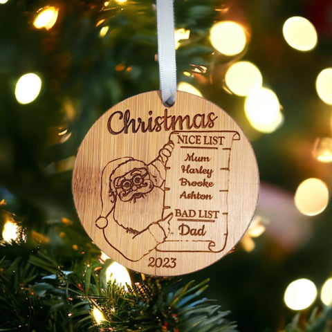 Personalised Christmas Bauble Made From Bamboo - Personalised Christmas Decoration With Santa's Nice List & Bad List - Family Christmas Gift