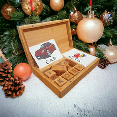 Kids Christmas Gift - 60 Flash Cards With Wooden Cube Letters In A Personalised Box - Toddler Gifts For Girls - Toddler Gifts For Boys