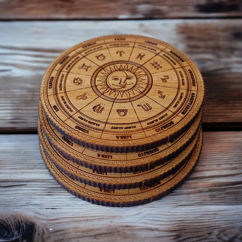 Set Of 4 Coasters - Astrology Wheel Gift Crafted From Bamboo - Eco Friendly Gift - Zodiac Sign Gift - Astrology Calendar - Horoscope Gift