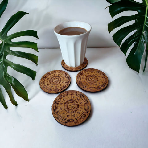 Set Of 4 Coasters - Astrology Wheel Gift Crafted From Bamboo - Eco Friendly Gift - Zodiac Sign Gift - Astrology Calendar - Horoscope Gift