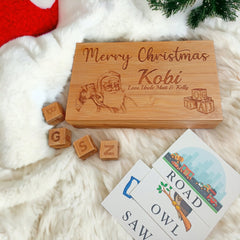 Kids Christmas Gift - 60 Flash Cards With Wooden Cube Letters In A Personalised Box - Toddler Gifts For Girls - Toddler Gifts For Boys