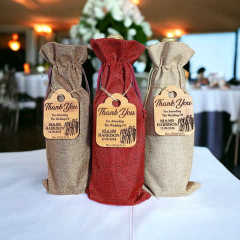 Wedding Table Decor - Personalised Wine Bottle Tags & Bags For Your Wedding Reception Guests - Wedding Table Centrepiece Personalised Decor