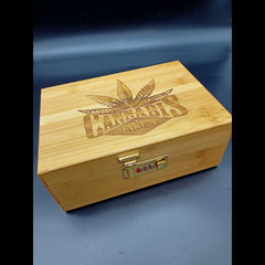 Bamboo Stash Box - Cannabis Leaf with Lock & Rolling Tray