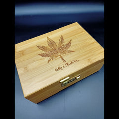 Large Cannabis Stash Box personalised With A  Cannabis Leaf Engraving & 1 Line of Text, features  Combo Lock & Bamboo Rolling Tray. Weed / Cannabis Accessories 420